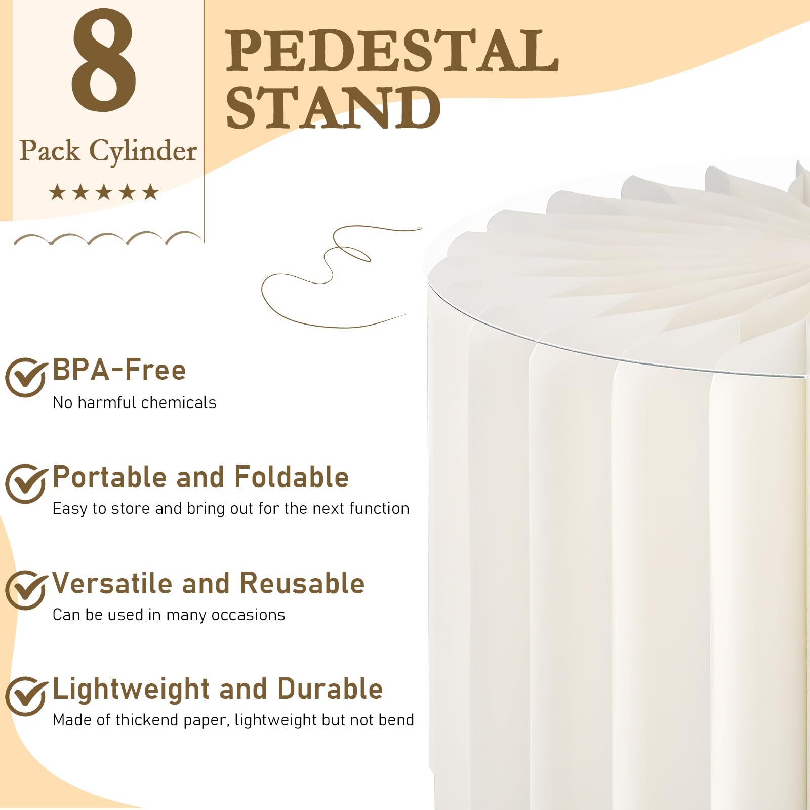 Lot de 8 supports cylindriques en papier blanc avec cartes de présentation et assiettes en acrylique, pliables, pour fête, mariage, anniversaire (4 tailles)