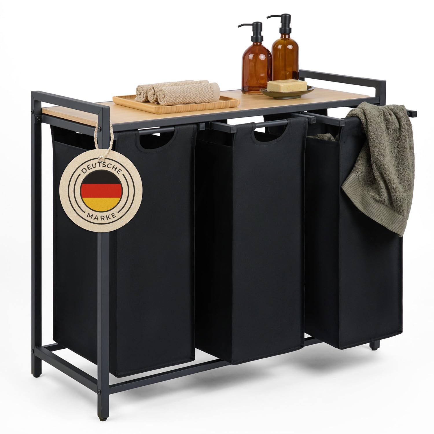 Blumtal Wäschesammler 3 Fächer Schwarz - Wäschekorb mit Ablage in Bambus-Optik - Wäscheschrank mit Metall-Rahmen in Schwarz - Wäschekorb mit Beinen - Wäschesortierer 3 Fächer/Schmutzwäschebehälter