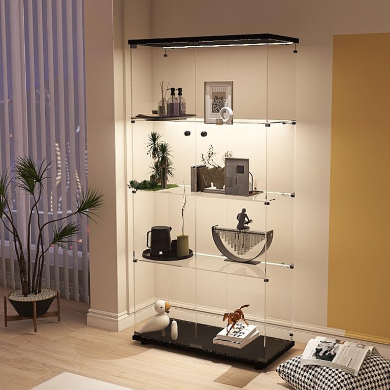 Display Cabinet with Glass Doors, 4-Tier Curio Cabinet with LED Lights for Collectibles (2700K-6000K), Glass Display Case with Remote Control