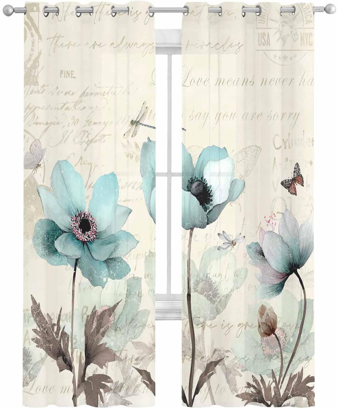 Floral Sheer Curtains 42x45 inch Length for Living Room,Birds on the Wire Yellow Grey Orange Window Curtains Light Filter Drapes Grommet Semi Sheer Curtains for Bedroom Kitchen Decor,2 Panels