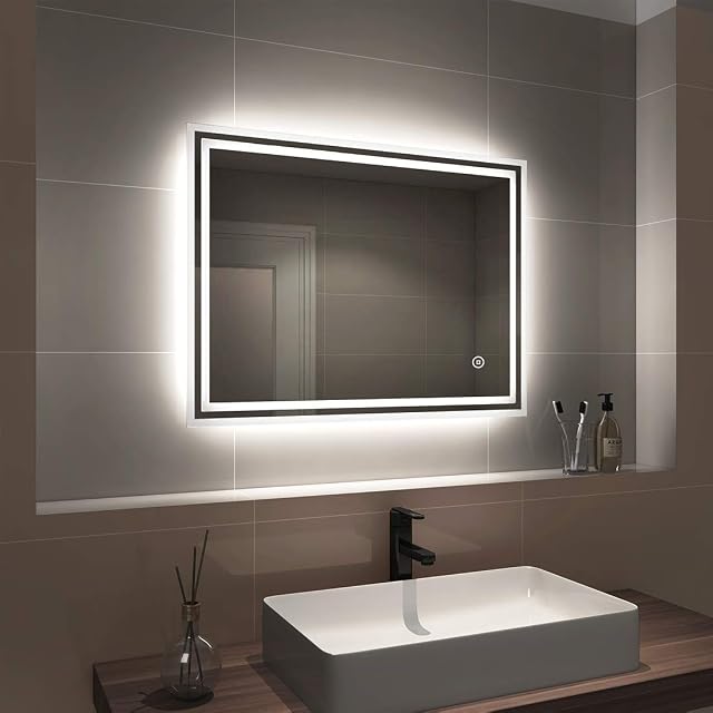 EMKE Illuminated LED Bathroom Mirror, Wall-Mounted Vanity Mirror 800x600mm with LED Light, Touch Switch, Demister Pad, 3 Color Tone, Dimmable