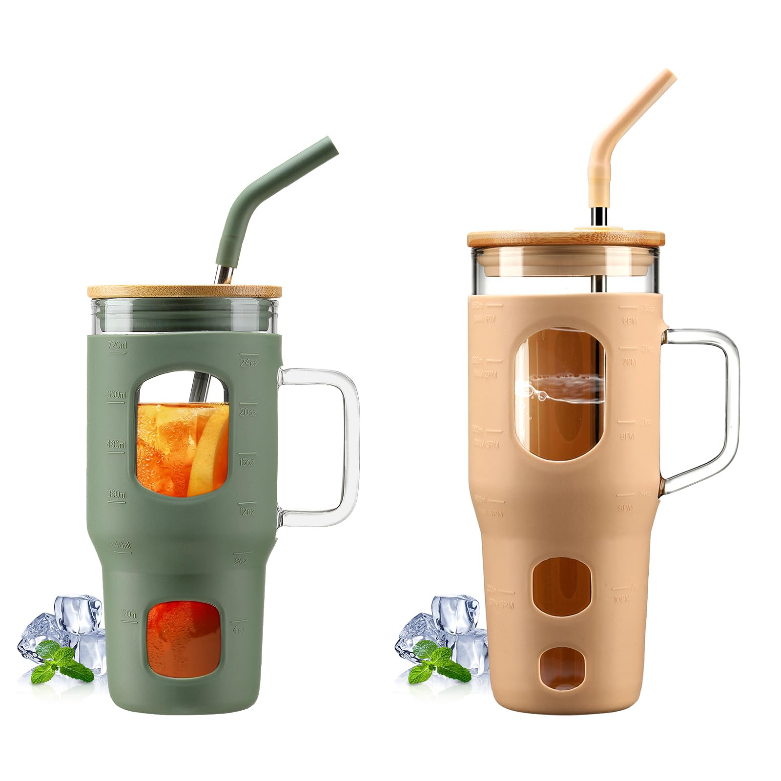 WINSA 24 oz Glass Tumbler with Lid and Straw & 32 oz Glass Tumbler with Lid and Straw Bundle