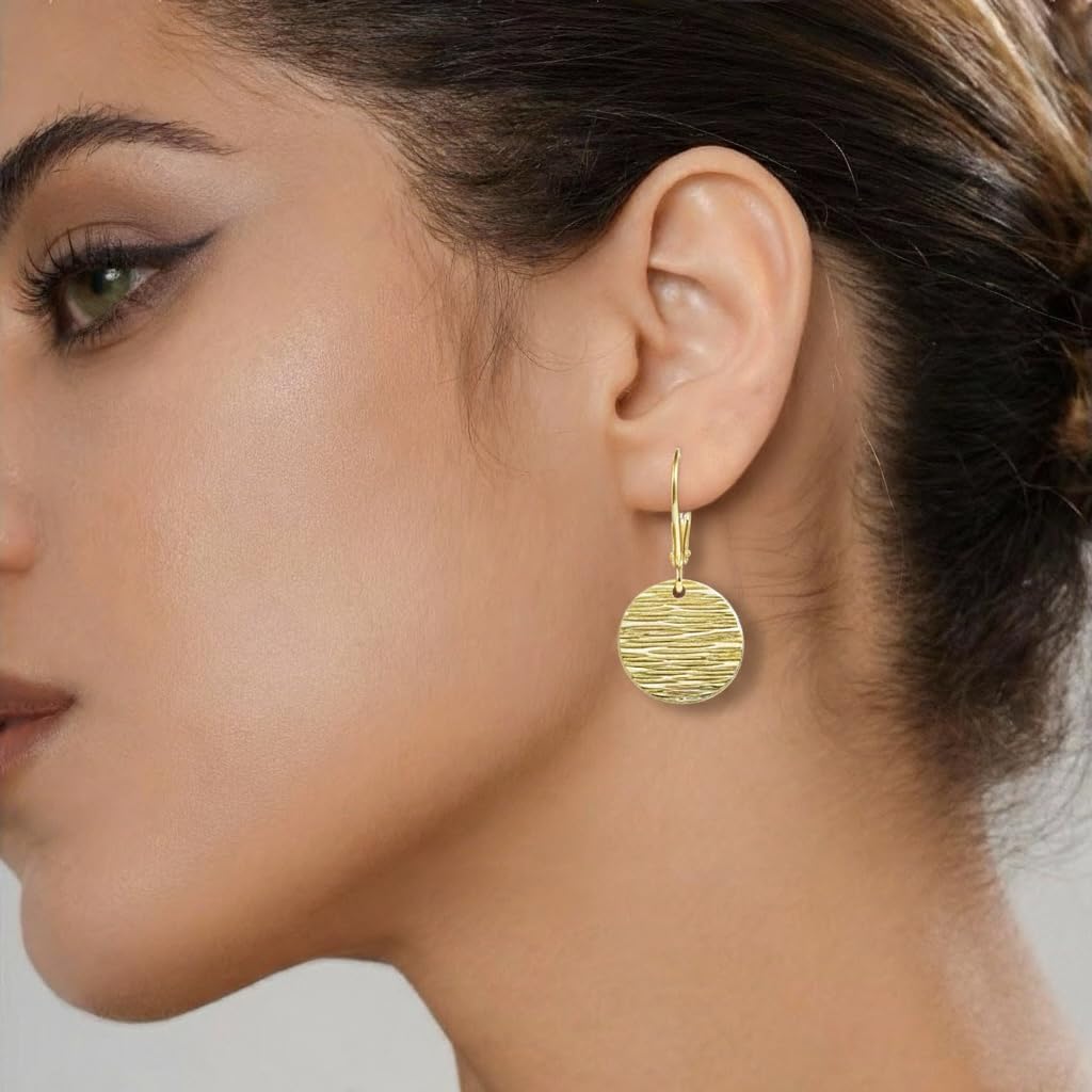 14K Gold Plated Textured Disc Drop Earrings for Women Hammered Round Dangle Earrings with Leverback Lightweight Minimalist Vintage Statement Hypoallergenic Jewelry Gifts. - Image 3