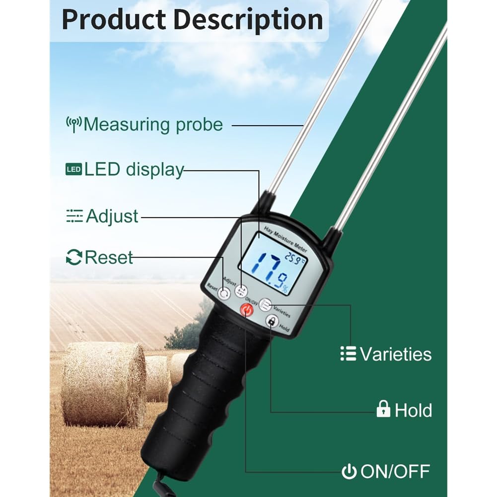 Medidor de Humedad de Heno con Sonda Doble. Medidor de Humedad de Forraje con Compensación Automática de Temperatura para Alfalfa y Pacas.