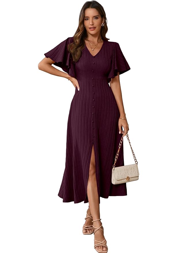 Shasmi Girl's & Women's Pleated Midi Dress with Flutter Sleeves | V-Neck Western Dress for Women | Elegant A-Line Summer Outfit | Office & Casual Wear (Dress 244)