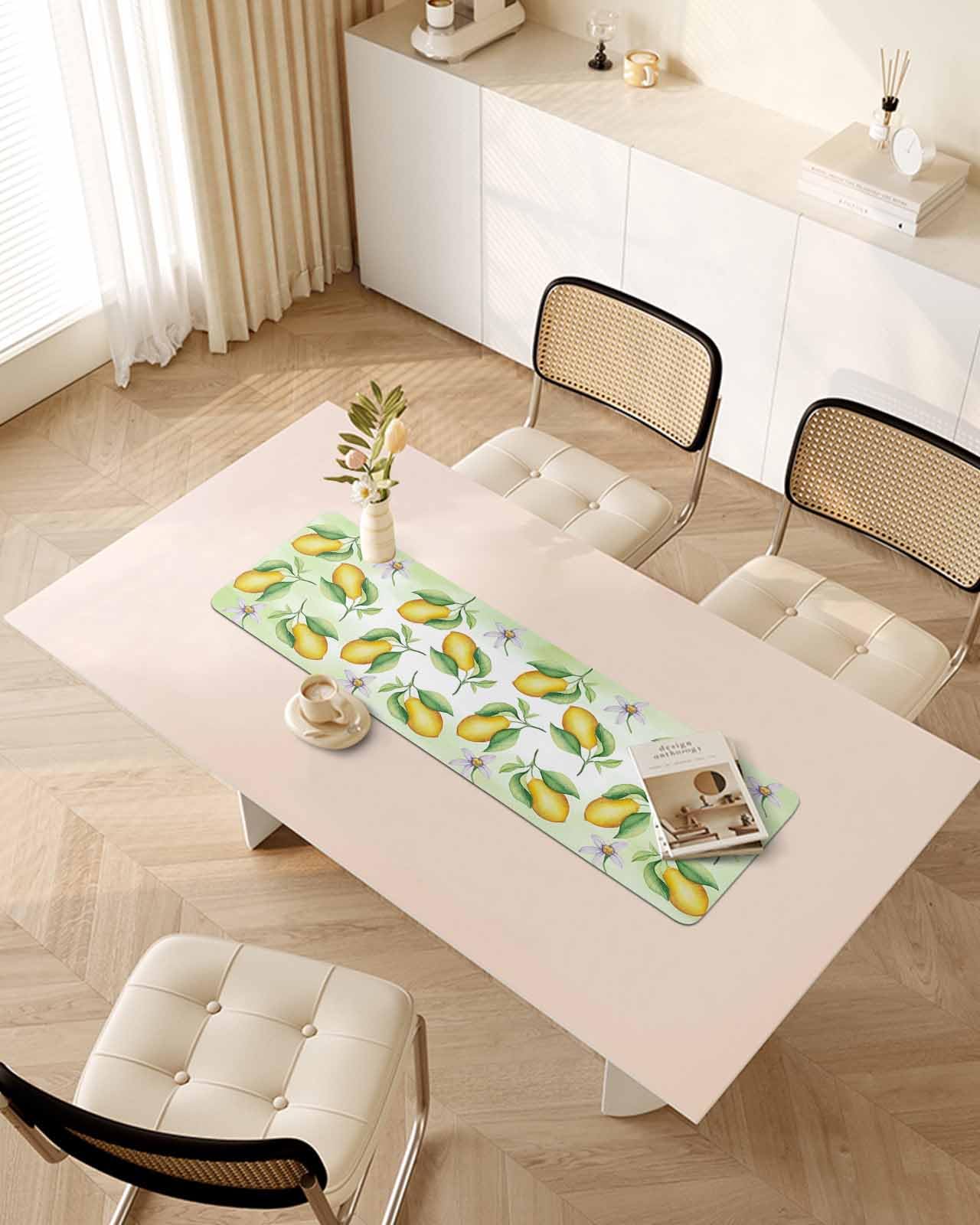 Debedcor Heat Proof Table Pads Waterproof Decorative, Summer Lemon Non-Slip Table Countertop Protector, Farmhouse Light Purple Floral Green Insulation Mat for Dining Room, 48 x 12 Inches