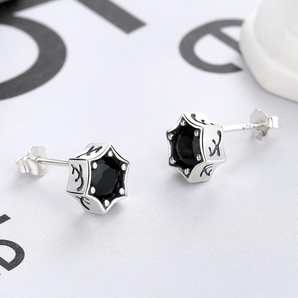 Sechseckige Stern-Ohrstecker aus Silber mit schwarzen Diamanten, Sterling-Zirkonia-Ohrringe für Damen/Herren, 8 mm