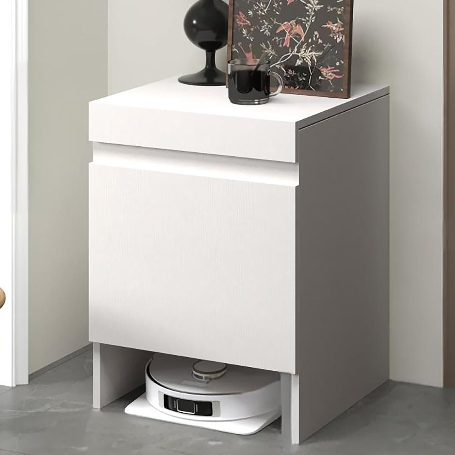 Robot Vacuum Stand Cabinet,Storage Cabinet with Doors for Robot Vacuum Cleaner,End Side Table for Home Office,Wood Freestanding Rack for Living Room Home Office Kitchen(Black)