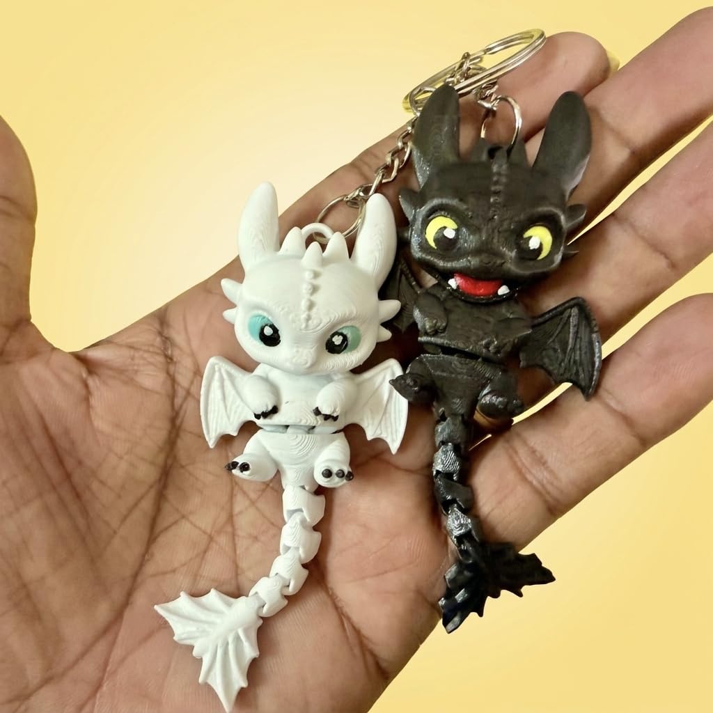Toothless and Light Fury Dragon Keychain Set of 2 Articulated - 3d Printed | Articulated Tail, Black & White-image-4