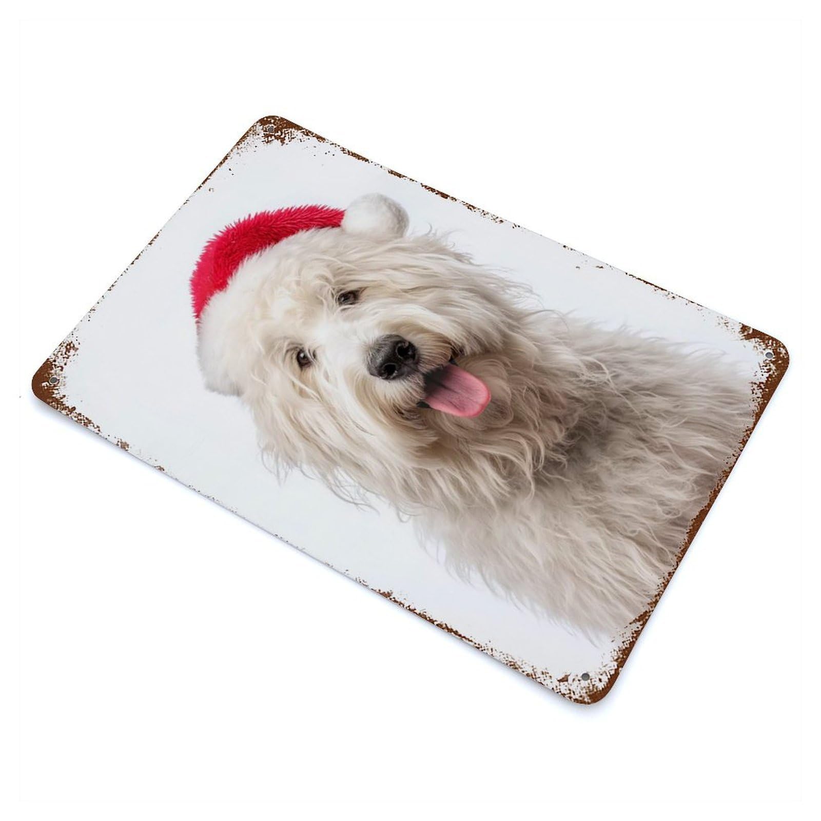 Distressed Metal Wall Sign Komondor Dog with Santa Hat Portrait 11.8"x7.9", Vintage Wall Decor for Garage, Bar And Workshop Decor