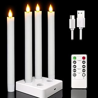 Rechargeable Candles, Punasi 4pcs Flameless Candles Flickering with Remote Timer, Real Wax LED Taper Candles with USB Cable & Charging Base for Home Room Halloween Christmas Decor, 100H Working Time