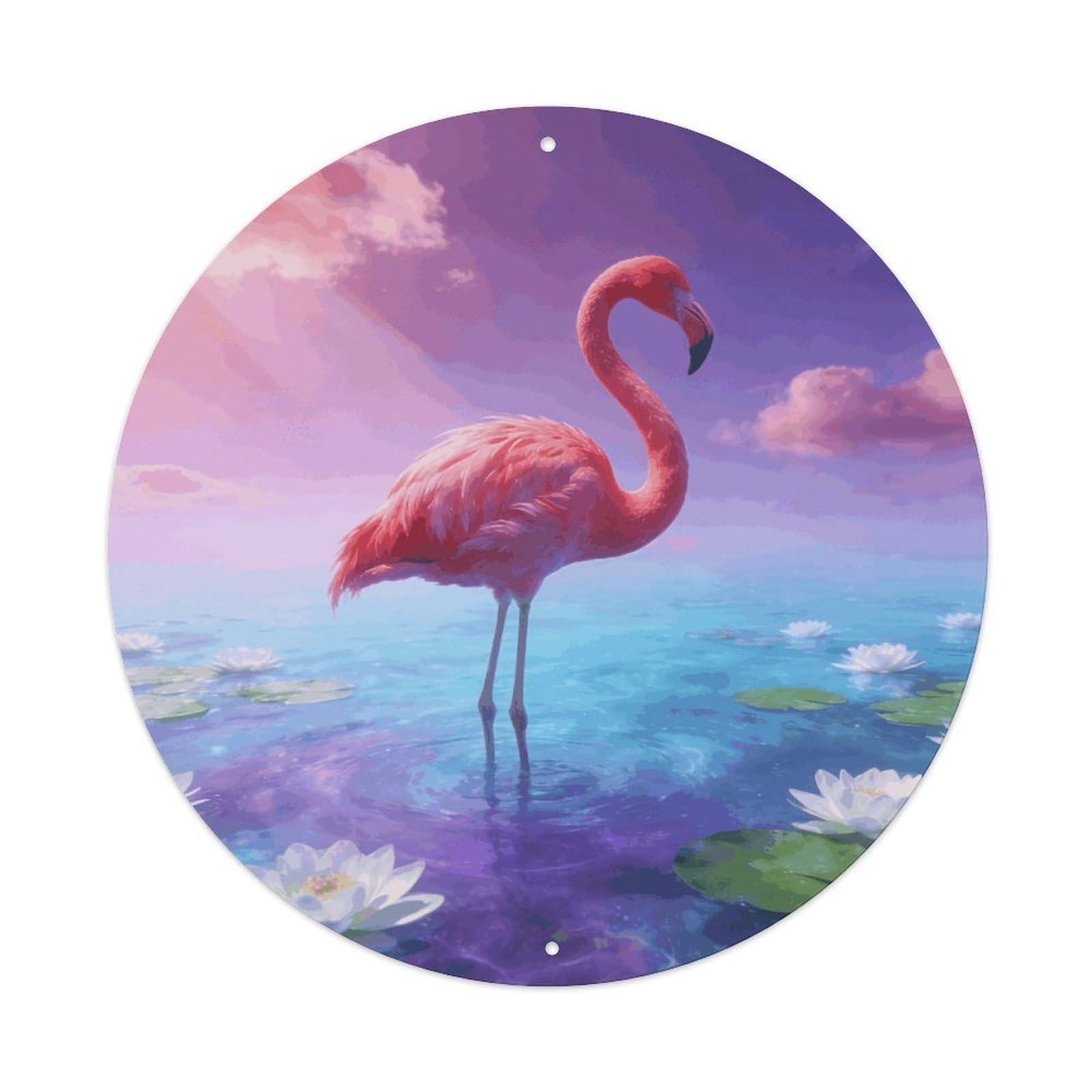 LZQPOEAS Flamingo Round Aluminum Wall Art Sign, Metal Indoor Wall Decor with Holes, Durable Circular Aluminum Plaque for Home, Bar, Cafe, Living Room, And Office Decoration