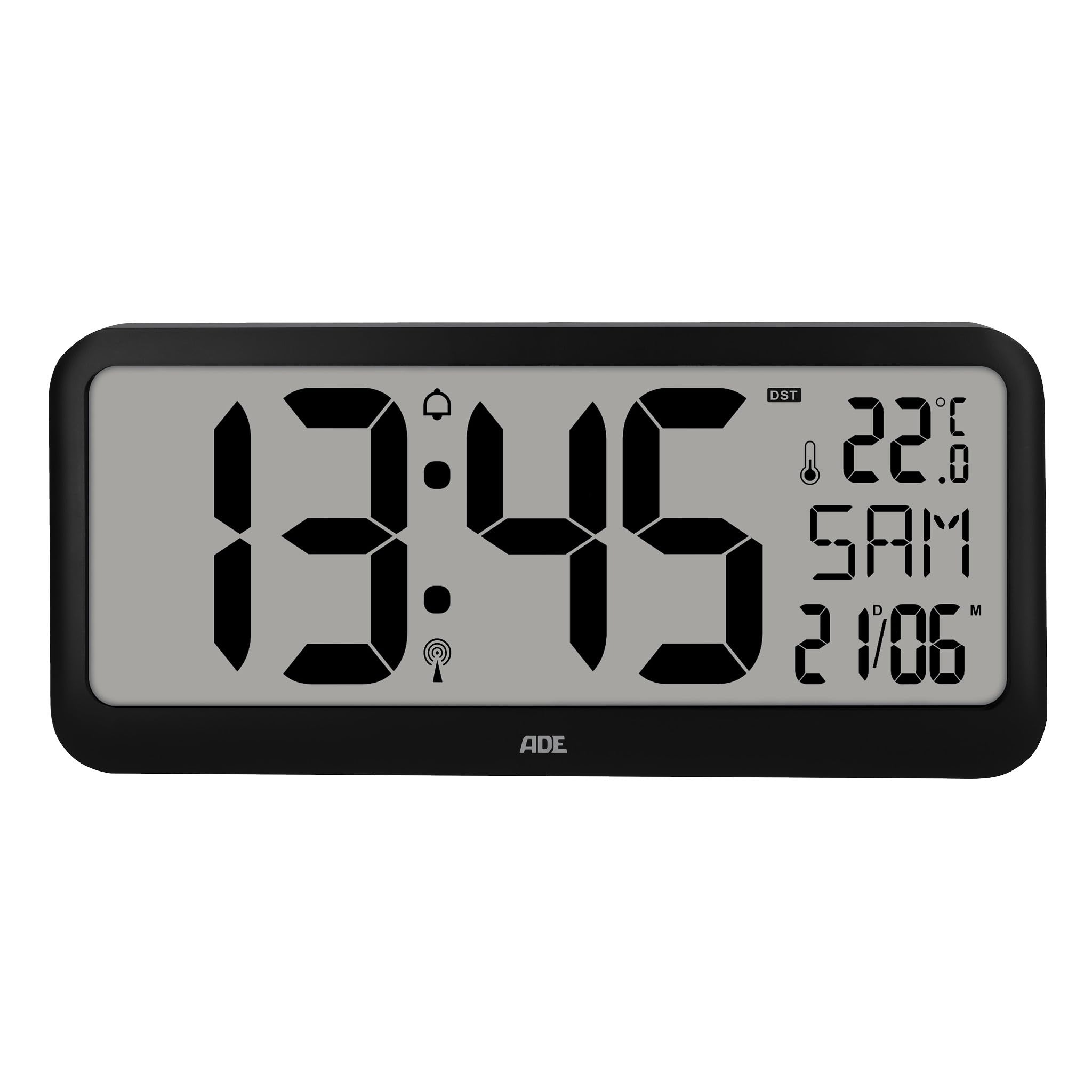 ADE Horloge numérique Murale geante radiopilotée avec Chiffres XXL | Horloge de Table avec Calendrier | avec température & Alarme | Parfaite pour Les Seniors ou Les porteurs de Lunettes | Noir