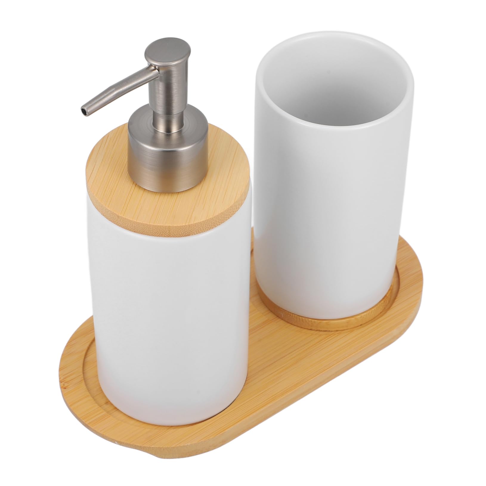 DECOMELODY Accesorios de Baño de Cerámica Blanca con Dispensador de Jabón con Bomba Vaso para Cepillo de Dientes Botella de Loción de Diseño Compacto y Funcional para Mantener el el Baño