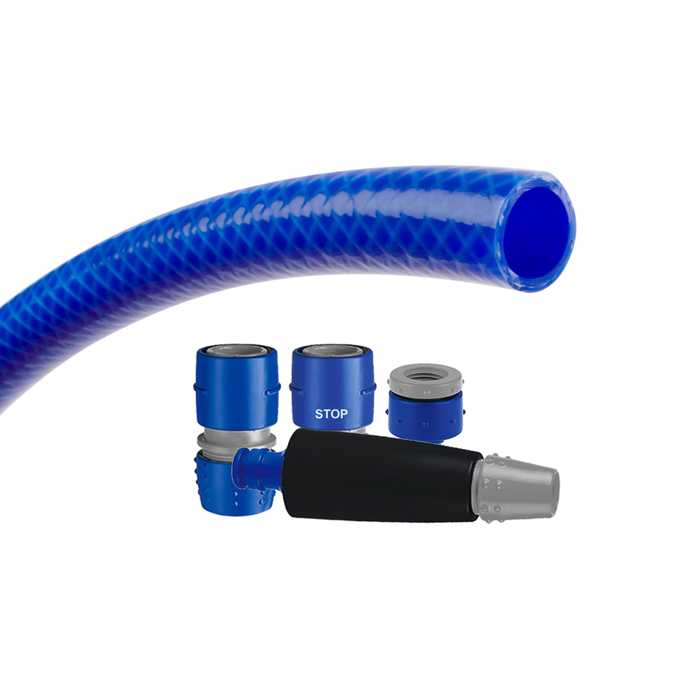 TATAY Kit Manguera de jardin Blue Line 10 metros Ø5/8" 15mm, de 3 Capas, Hecha en España, Resistencia 28 bares y +60°/-20°, Trenzado, Libre de Cadmio y Plomo, Libre de BPA, Anti-UV, Color Azul