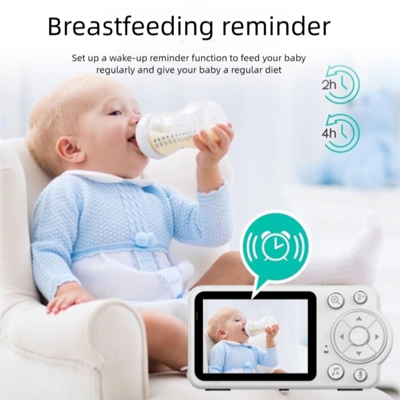 Baby monitor con fotocamera e audio, video HD 480p, zoom 4x, visione notturna e sensore di temperatura, wireless 2.4 G con ninne nanne, conversazione bidirezionale, bianco
