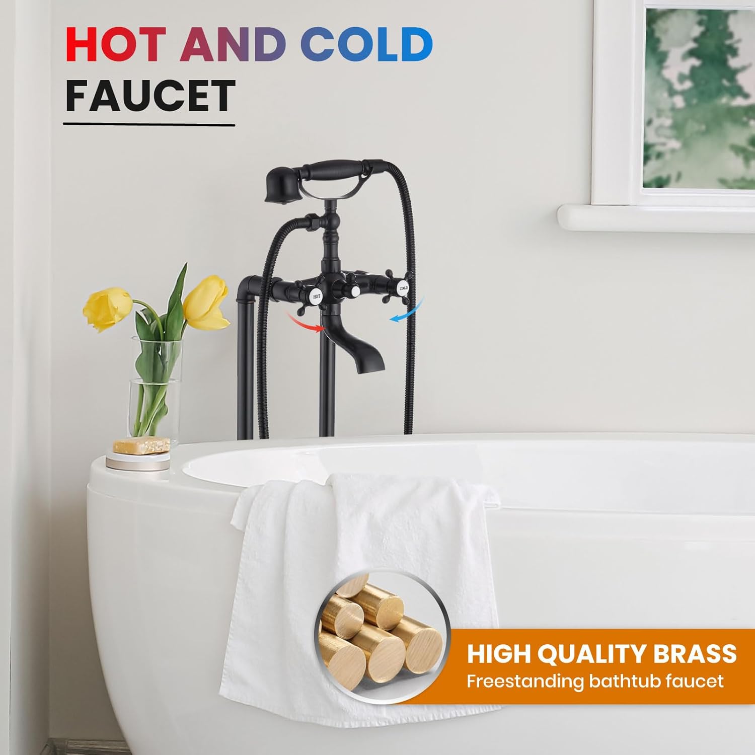 gotonovo Freestanding Bathtub Faucet Floor Mount Tub Filler with Double Cross Knobs 360° Rotation Spout High Flow Floor Standing Bathtub Shower Bell Shape Handheld Spray Oil Rubbed Bronze