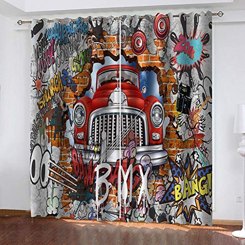 TFNIMB Rideau Occultant À Oeillets Réduction du Bruit Rideaux Graffiti de mur de brique de voiture rouge Rideau Occultant Décor Moderne 150x166cm pour Chambre d'enfants Société Bureau Chambre À Couche Cover