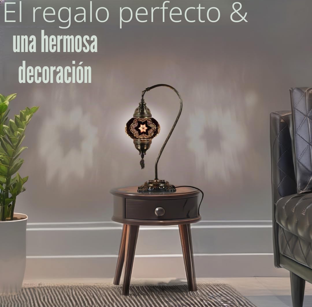 Lámpara turca auténtica DEMMEX, fabricada en Turquía, lámpara de mesa de noche con mosaico turco marroquí, 100% hecha a mano, cuerpo de metal de color latón antiguo y base de metal decorada.