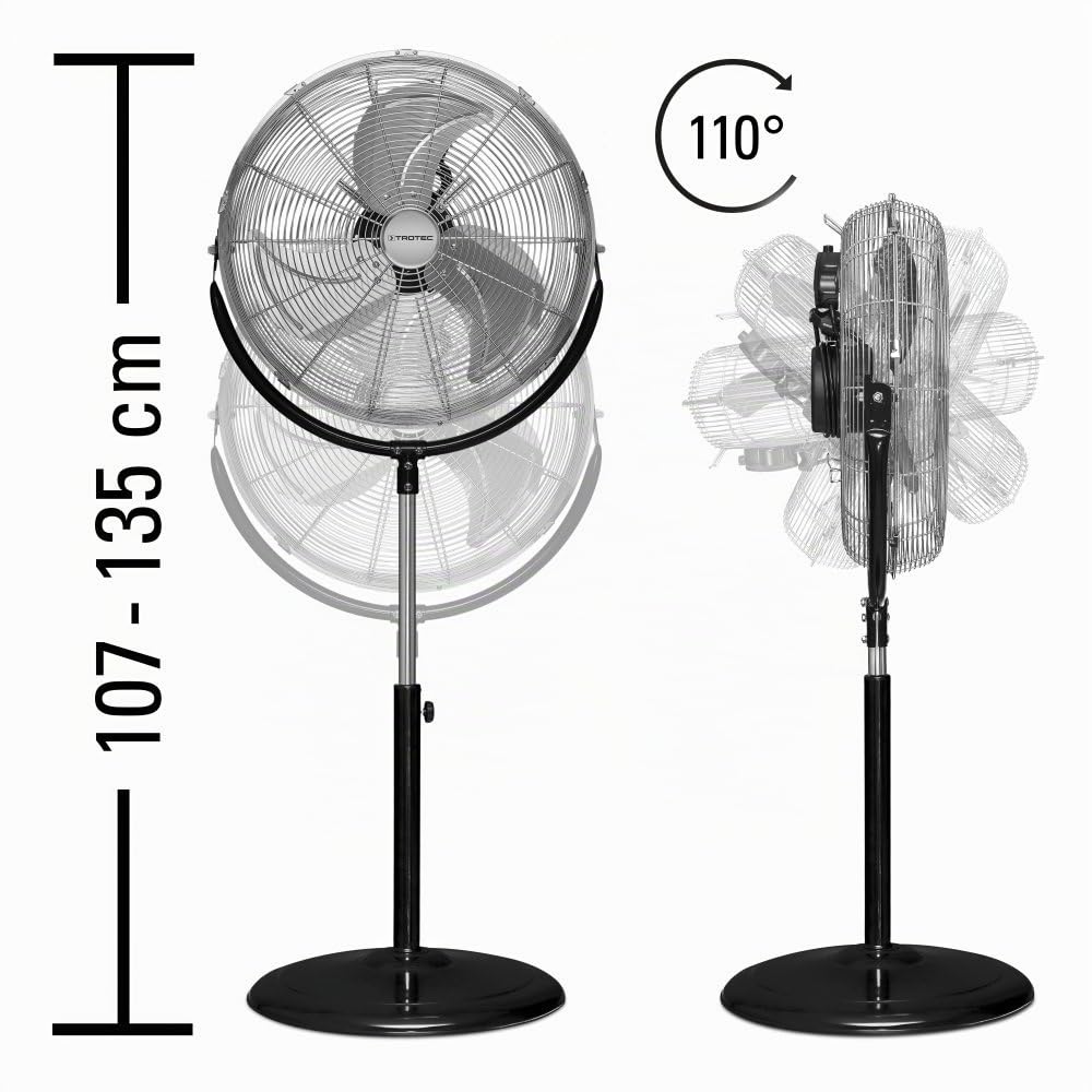 TROTEC Ventilatore a piantana TVM 18 S – grande, 100w, angolo di inclinazione 110°, 3 livelli, Ø 45 cm, metallo
