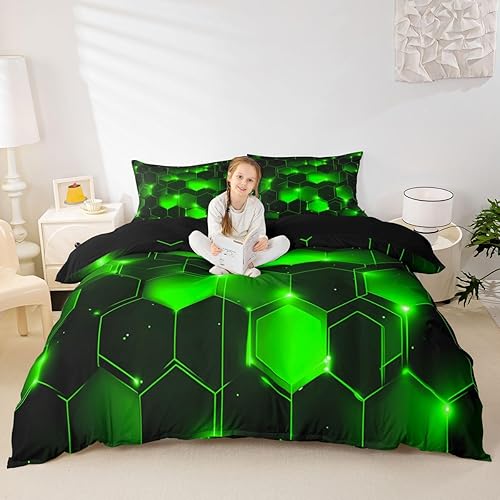 Miniatura 18 de Funda de edredón hexagonal verde estereoscópica de nido de abeja para niños, diseño geométrico de colmena, funda de edredón geométrica de panal