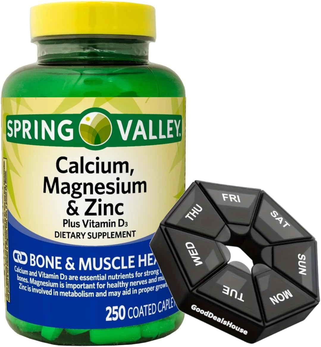 Bundle: Spring - Valley Calcium, Magnesium & Zinc Plus Vitamin D3 Coated Caplets, 250 Count + GoodDealsHouse Weekly Pillbox