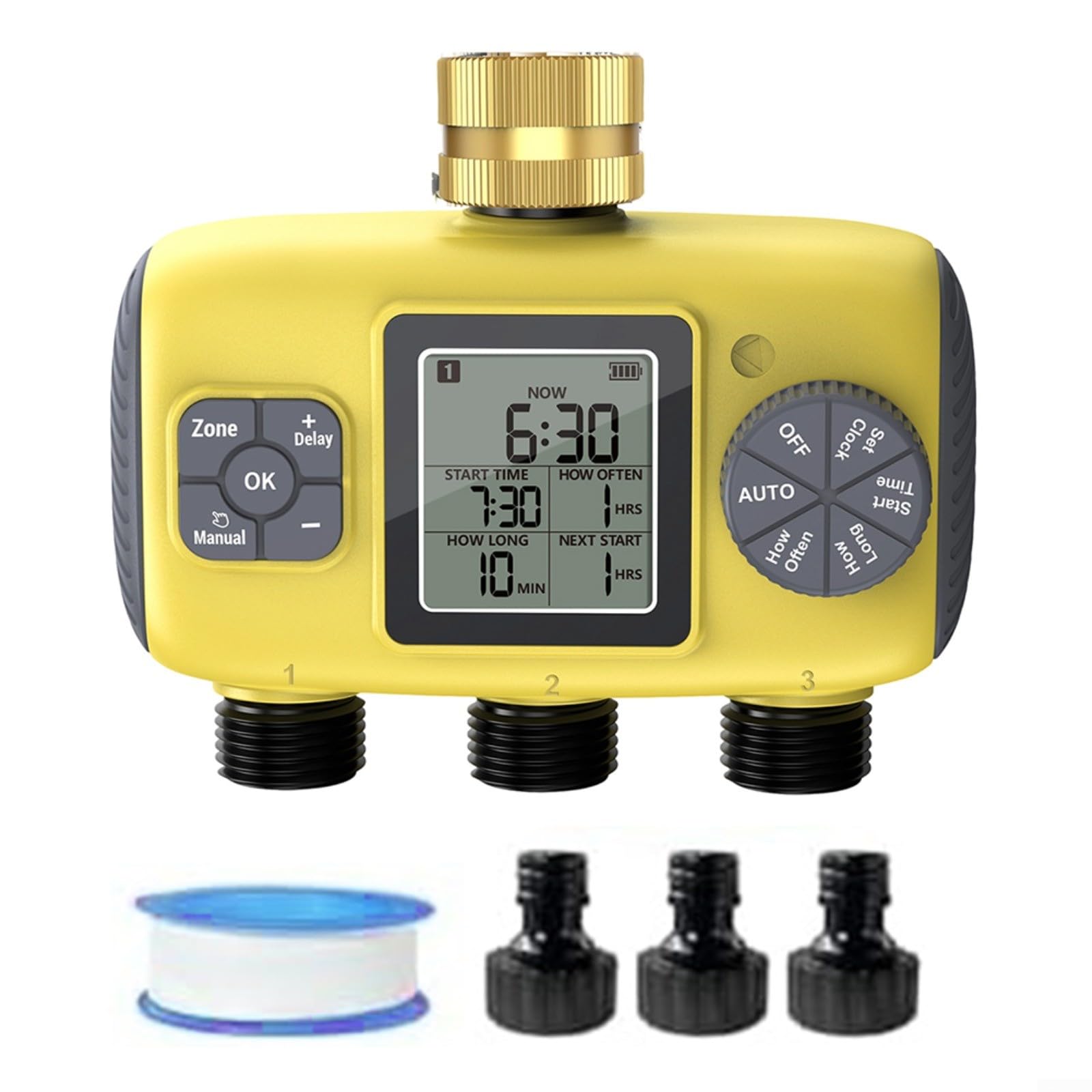 Timer per irrigazione a 3 uscite con ingresso in ottone, sistema di irrigazione automatico per giardino, 3 per programmi ZONE, blocco bambini, giallo