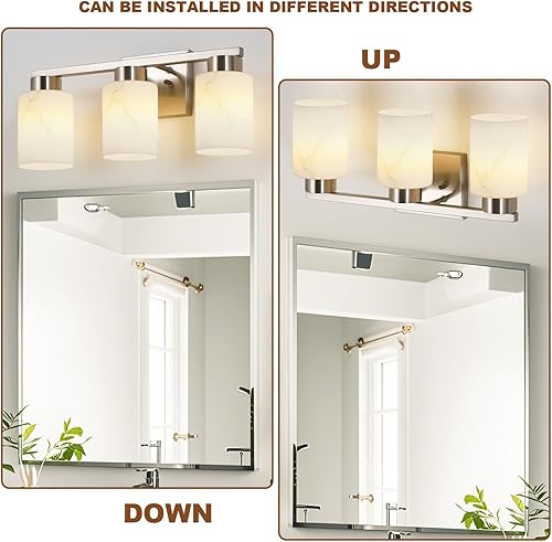 Miniatura 5 de Lámpara de baño de 3 luces, luces modernas de tocador, lámpara de pared de metal de níquel cepillado con vidrio de mármol blanco para baño, espejo,