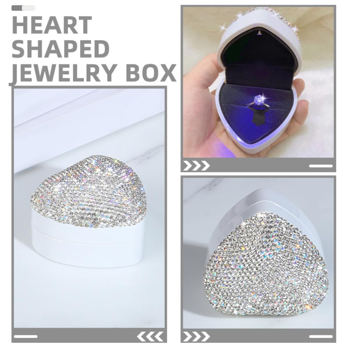 Cabilock 3 Pièces Boîte à Bijoux Cœur en Strass, Éclairage Automatique,