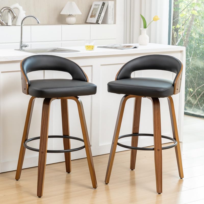 Set de 2 butacos giratorios de altura para barra, 30 pulgadas, con respaldo curvo de madera doblada y asientos tapizados, estilo moderno de mediados de siglo para cocina/barra en casa/café, color negro miniatura 1