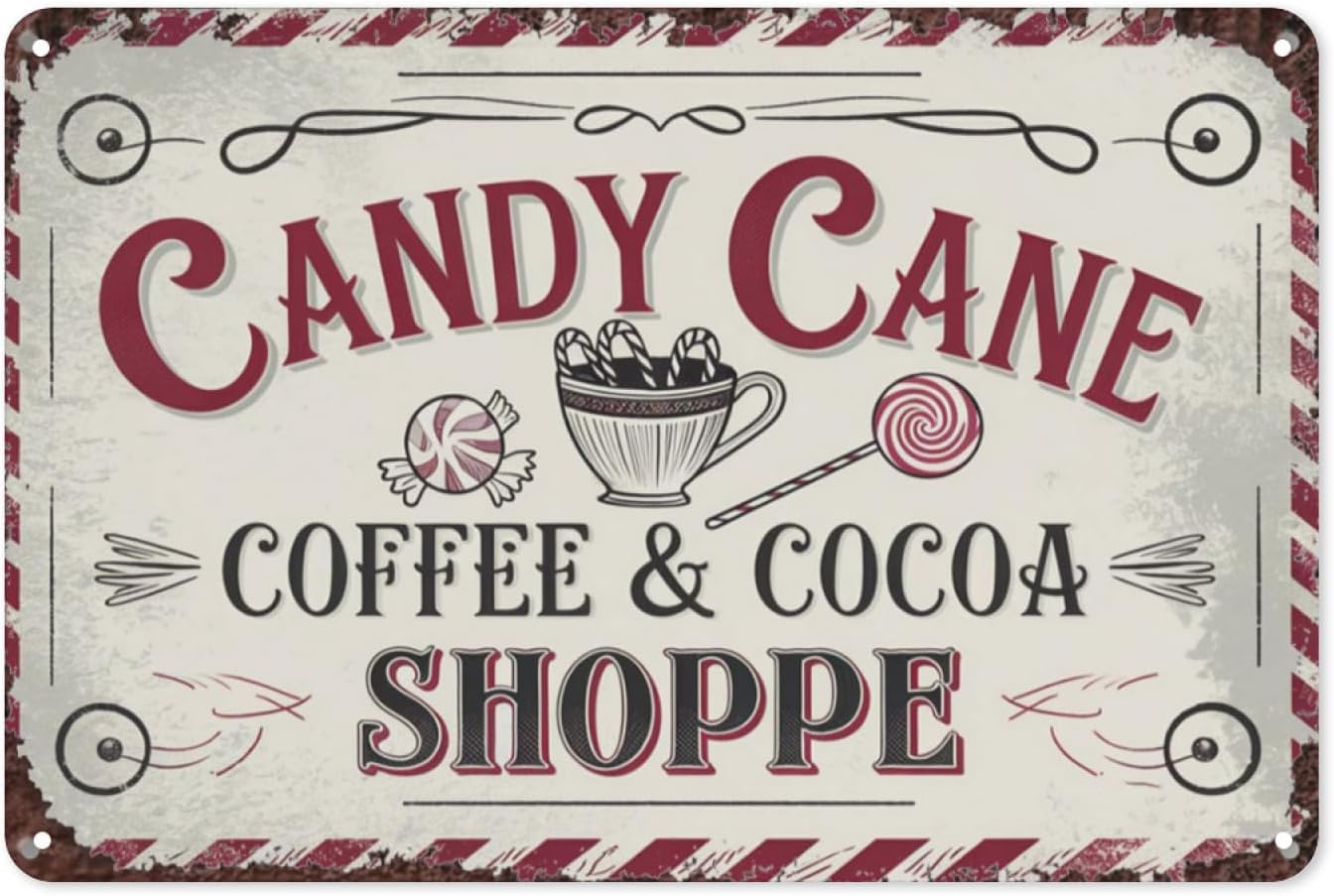 SMAZDFXX Candy Cane Coffee And Cocoa Shoppe Vintage Tin Sign Retro Metal Wall Decor for Kitchen Cafe or Christmas Theme Festive Holiday Art Poster 12"x16"
