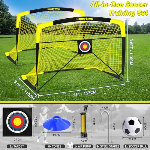Happy Jump Pop-Up Fußballtore – 152x110 cm, 2 Tore, Schwarz Gelb mit Ball, Pumpe, Hütchen & Zielscheibe | Komplettes Training-Set für Garten & Familie
