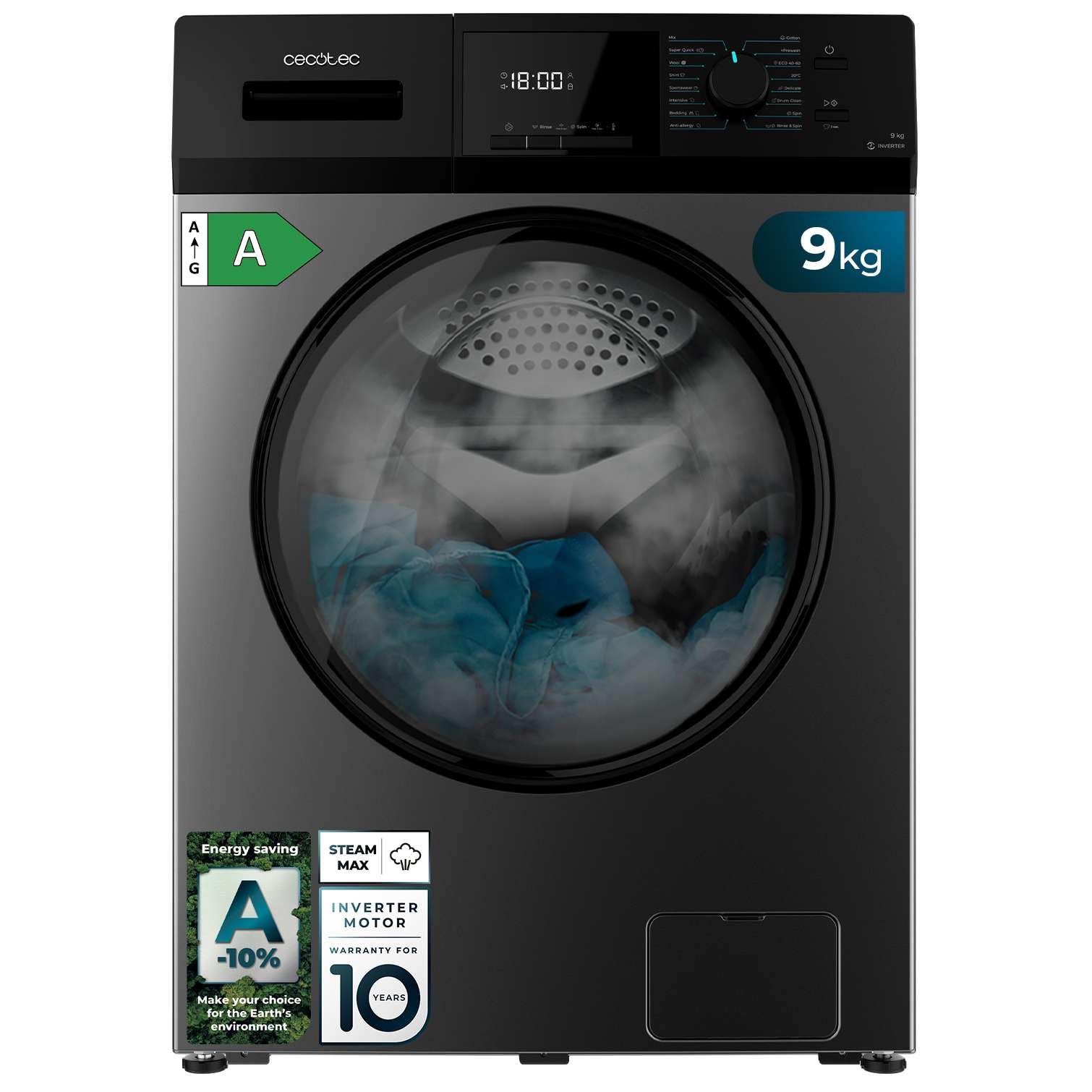 Cecotec Washing machine 9 kg Front Load Bolero Dresscode 9410 Inverter Steel A. 1900W, 1400 rpm Adjustable, 16 Programs, Inverter Plus Motor, Low Consumption, Steam, Laundry Sterilization Energy Label