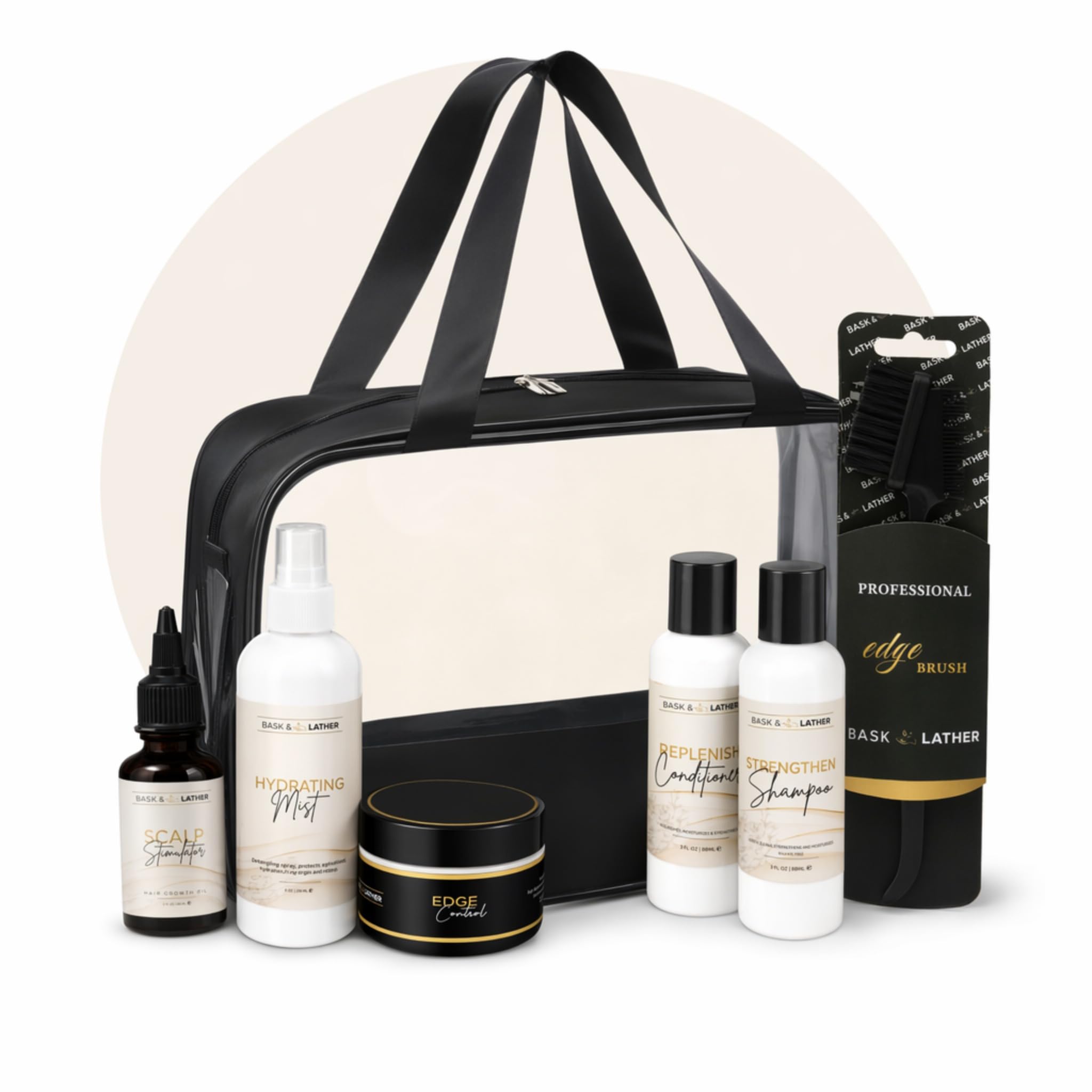 BASK & LATHER On the Go Travel Essential Kit, Hydrating Hair Products for Black Hair, Travel Case With Shampoo & Conditioner, Mist, Edge Control, Scalp Stimulator & Edge Control Brush, TSA Accepted