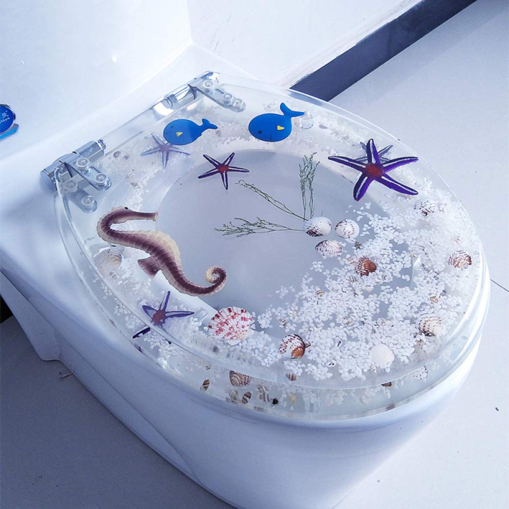 BAHOJAS 3D Resin Toilet Seat With Soft Close, Seashells And Sands Toilet Seat Cover, U/V/O Type Compatible, For Bathroom Decor - Includes Fitting Cover And Seat