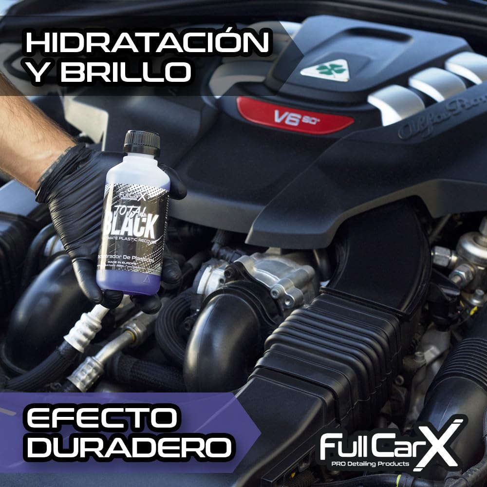 FULLCARX Total Black 250ml Recuperador Neumáticos y Plásticos Coche, Negro Intenso Renovador Hidratador, Protección Duradera, El embalaje puede variar
