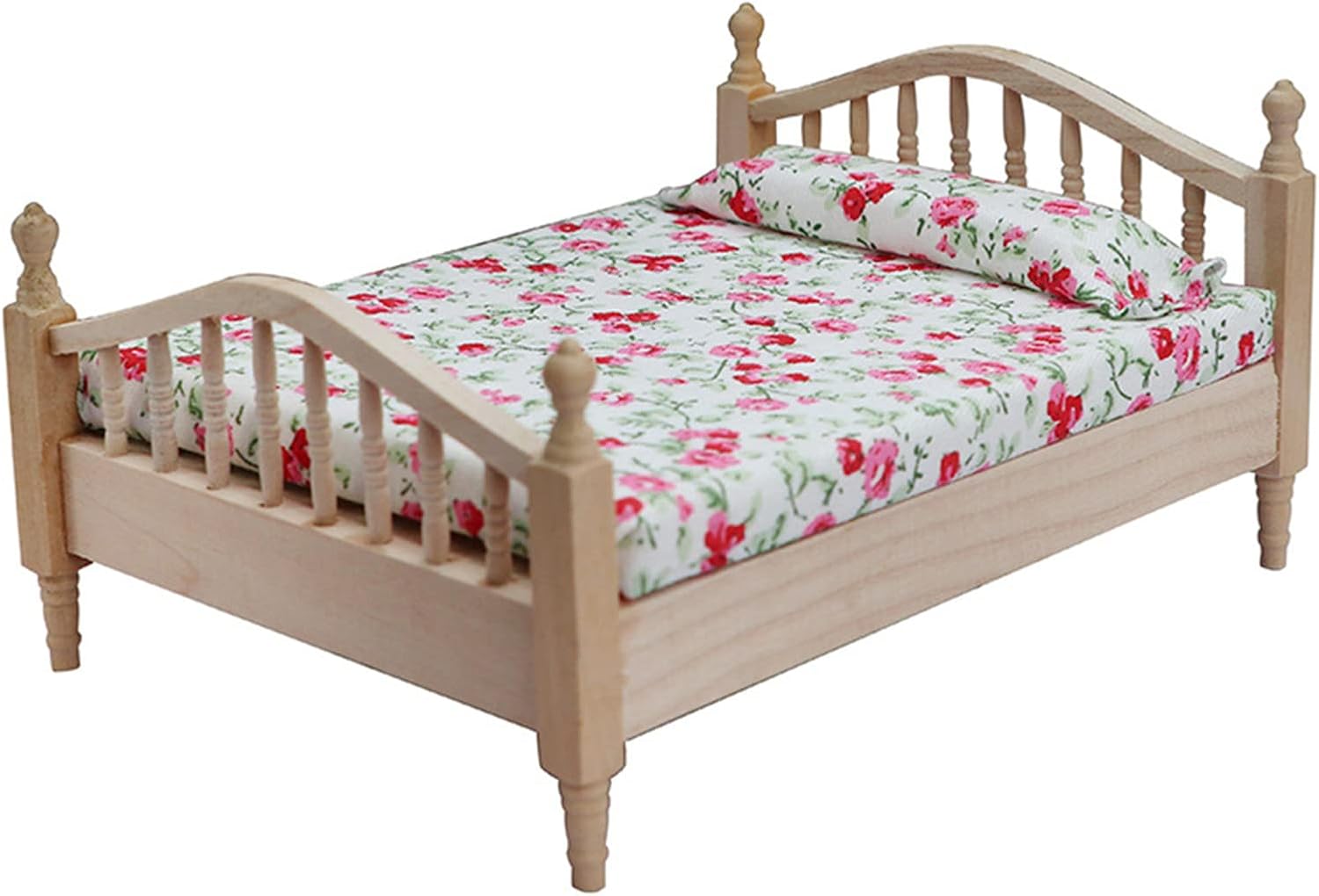 VIONNPPT Casa de muñecas cama en miniatura, 1: 12 casa de muñecas DIY dormitorio doble mini muebles decoración accesorios, regalo infantil (color madera)