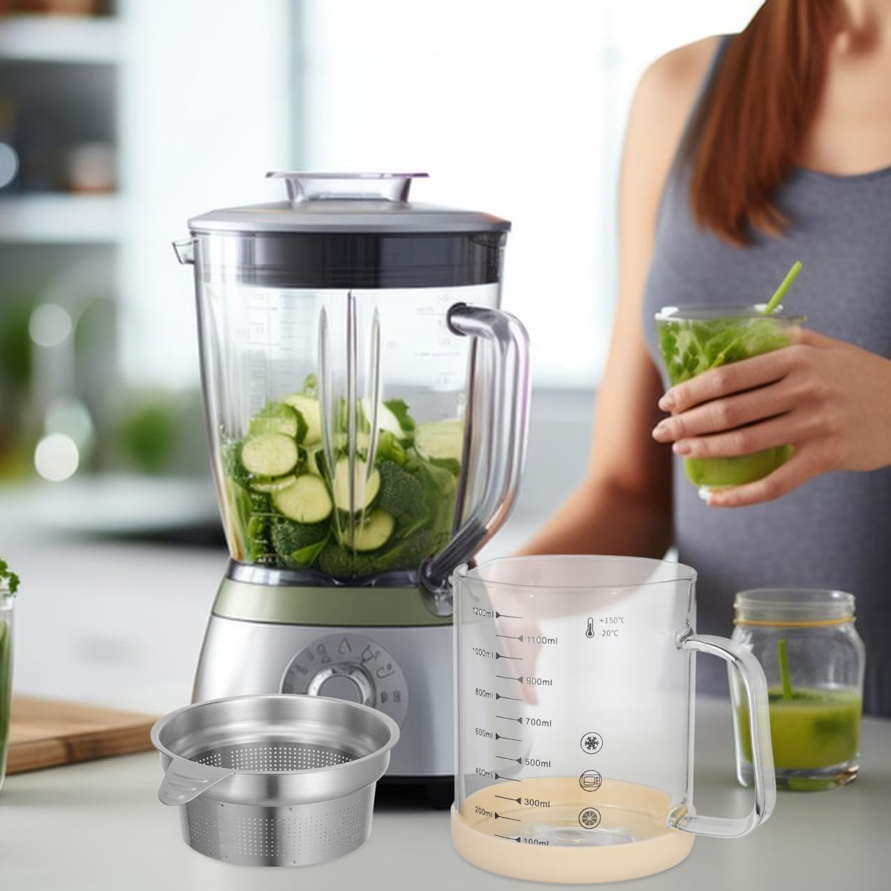 Fettabscheider 1200ml mit Sieb aus Glas, Edelstahl und Silikon