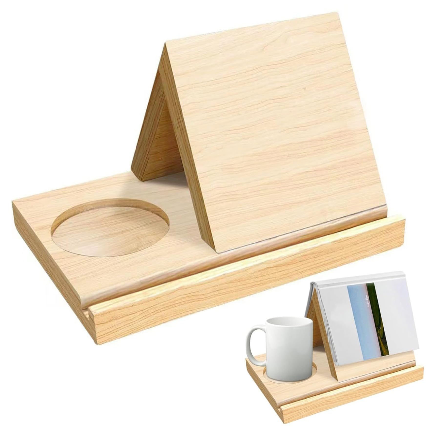 Support de livre triangulaire, repose-livre en bois pour lire avec porte-gobelet et support de téléphone intégrés, organisateur bureau multifonctionnel pour livres, tablette et tasse à café, trian