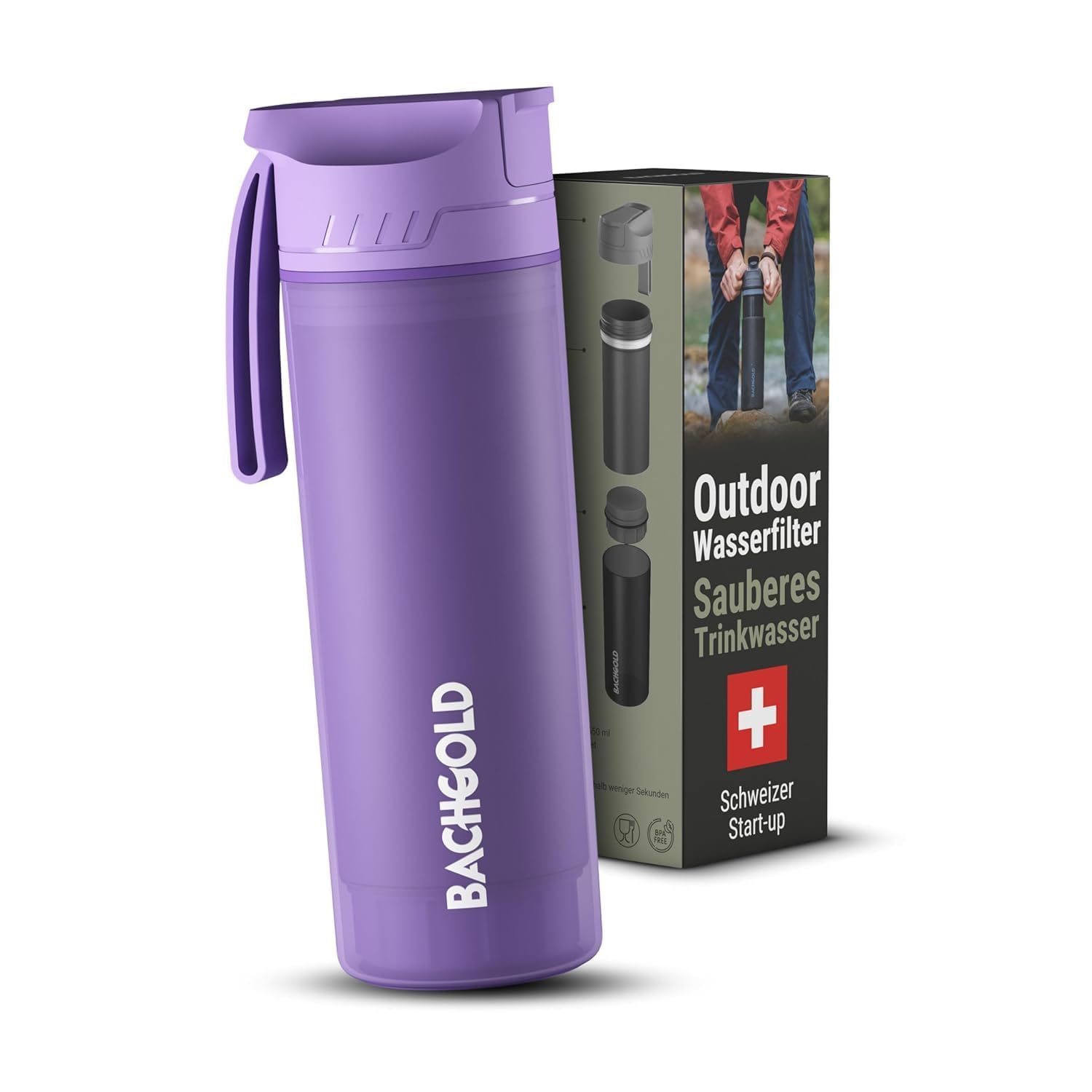 Bachgold® Profi Outdoor Wasserfilter Flasche [500ml] mit 1500L Filterkapazität I Entfernt 99,99% aller Bakterien und filtert Mikroplastik, Partikel und Chlor I Blackout- & Krisensicher