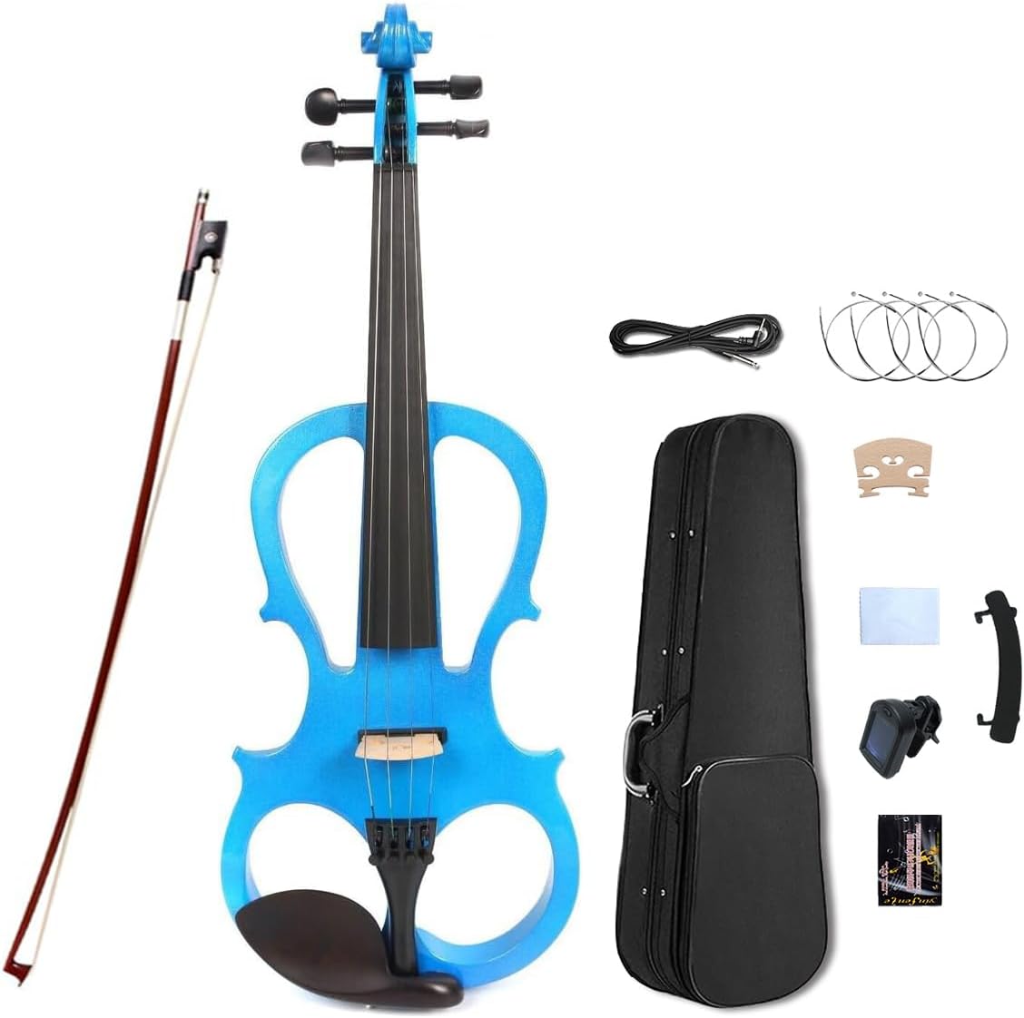 Electric Violin 4/4 Full Size Solid Wood Body Metallic Paint Ebony Fittings 4 String Silent Violin Kit with Case, Bow, Cable and Other accessories for Beginners, Students, Adults (Blue) (Blue)