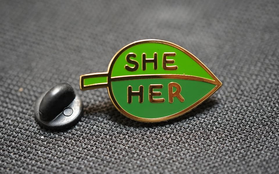 She Her Pronoun Brooch Button Non-Binary Badge Enamel Lapel Pin - Green Leaf NB Pride Genderqueer Gender Identity Pin3