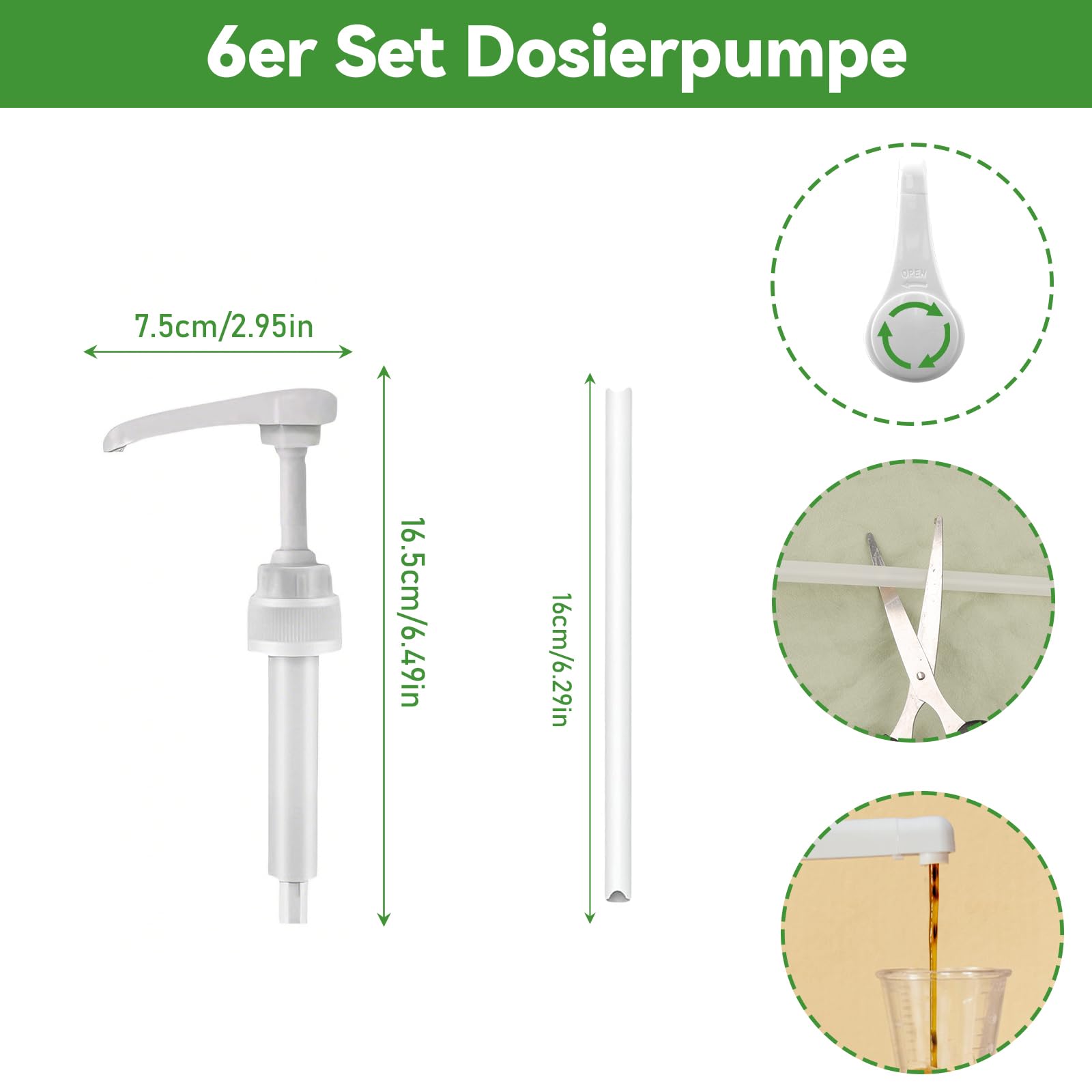 Zestaw 6 pompek dozujących do syropu Monin, bez cukru, 5 ml, precyzyjny dozownik, wielokrotnego użytku, kompatybilna z butelkami o pojemności 250 ml, zestaw do syropu Monin, do kawiarni, restauracji