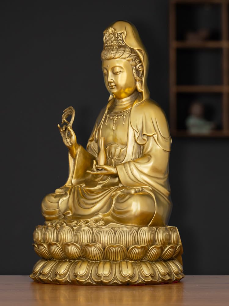 Mosiężna figurka Bodhisattwy Guanyin, figurka buddyjska, siedząca rzeźba lotosu Guanyin (17 cm)