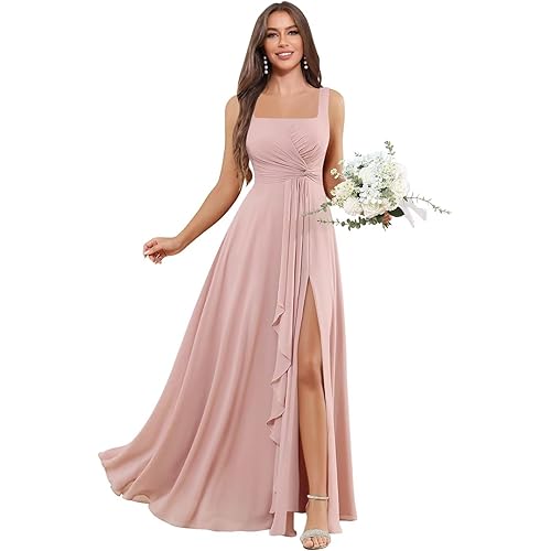 Chiffon Bridesmaid Dresses for Women - Square Neck A Line Pleated Slit Formal Evening Dress with Pockets