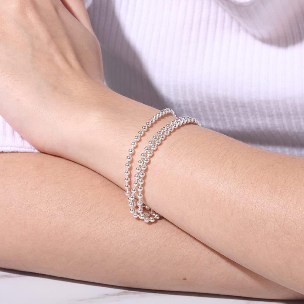 Armband Damen Silber,Sterling Silber Verstellbares Kettenarmband DREI Lagen Runde Perlen Freundschaftsarmbänder Geschenk S990 Silberschmuck Für Frauen Freundin Ehefrau