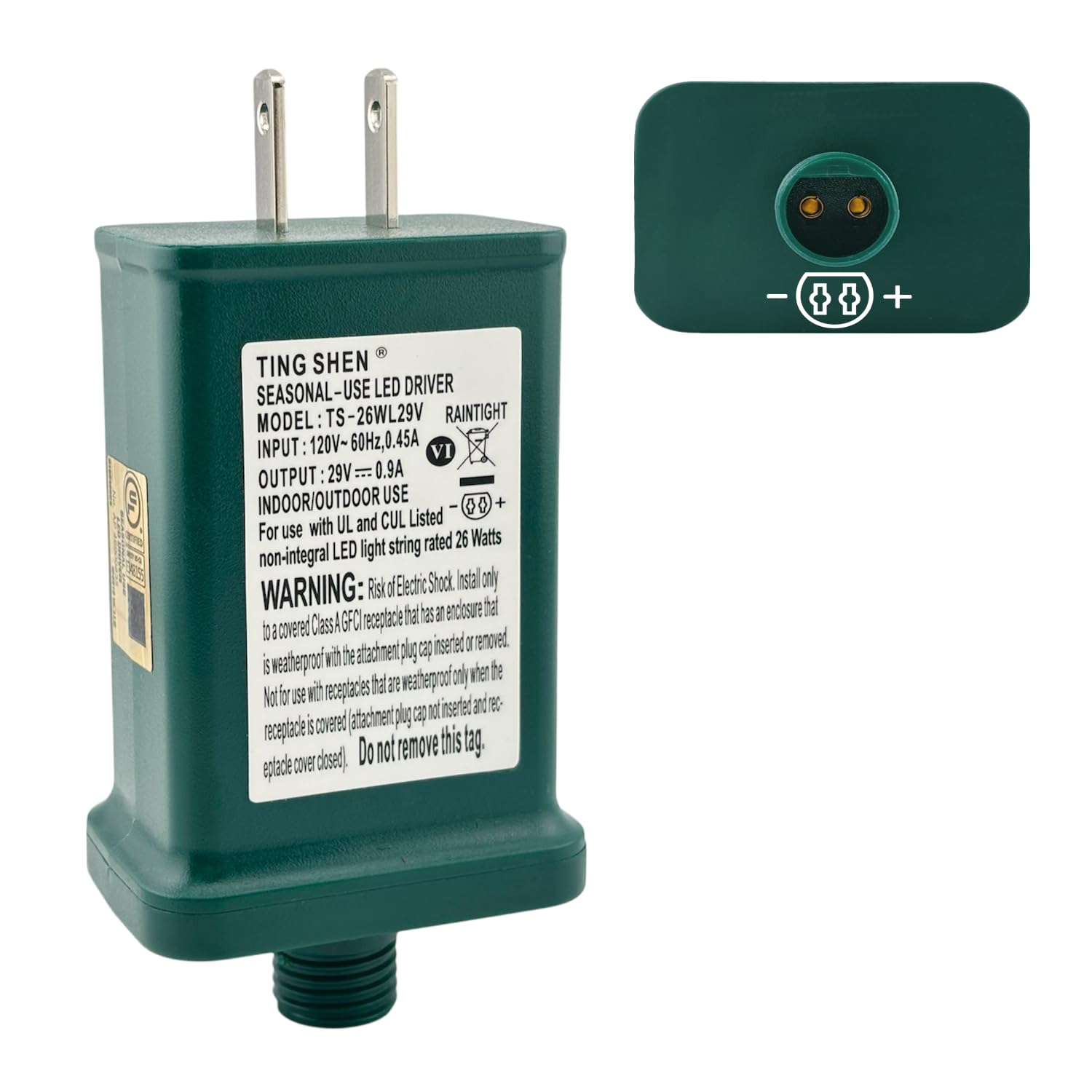 Power Supply TS-26WL29V LED Transformer 29V 0.9A 26W Raintight IP44 US Plug Connector 1/2in 12mm Adapter for String Seasonal-Use Light, Holiday Lighting, Christmas X-Mas Tree (Right Positive)