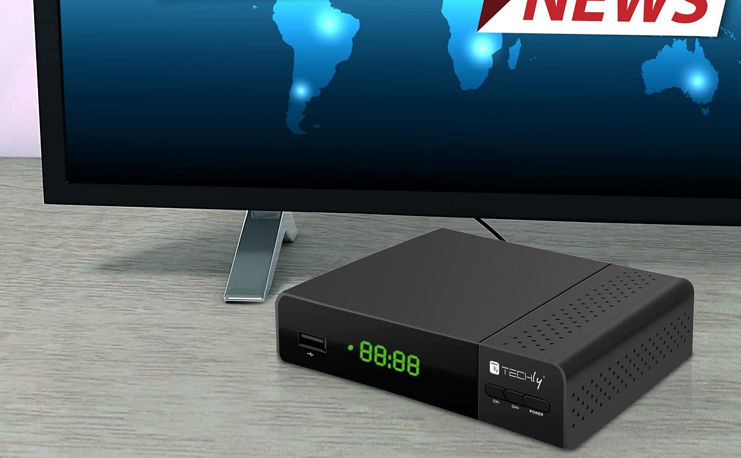 Techly 360998 Decoder Ricevitore Digitale Terrestre DVB-T/T2 H.265 HEVC 10bit con Display e Telecomando Universale 2 in 1 Nero