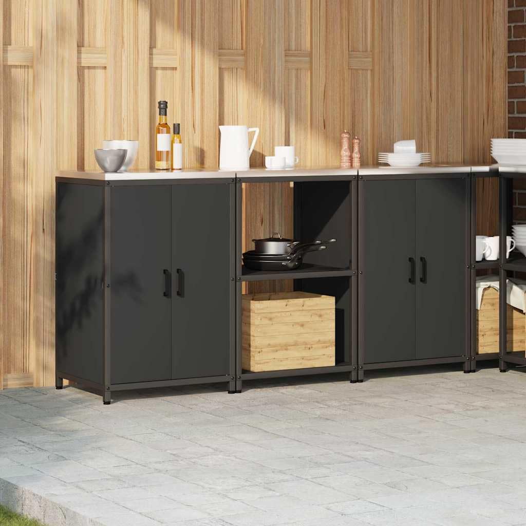 Ensemble de Rangement Cuisine 3 pcs Noir - Buffet Industriel en Acier Laminé à Froid avec 4 Portes et 6 Étagères, Meuble pour Vaisselle et Ustensiles, 180x50x92 cm