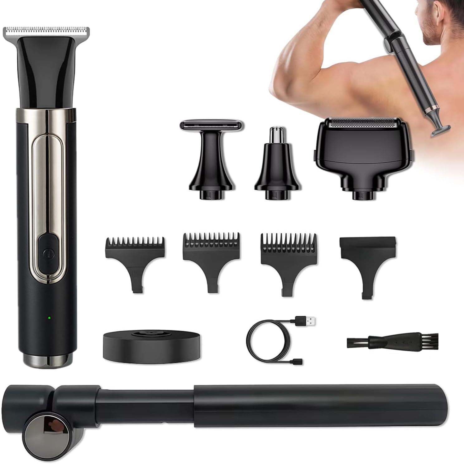 Afeitadora de espalda para hombre, 4 en 1, kit de recortador de espalda para hombre, con mango de extensión ajustable, IPX6, resistente al agua, afeitadora para hombre, afeitadora eléctrica